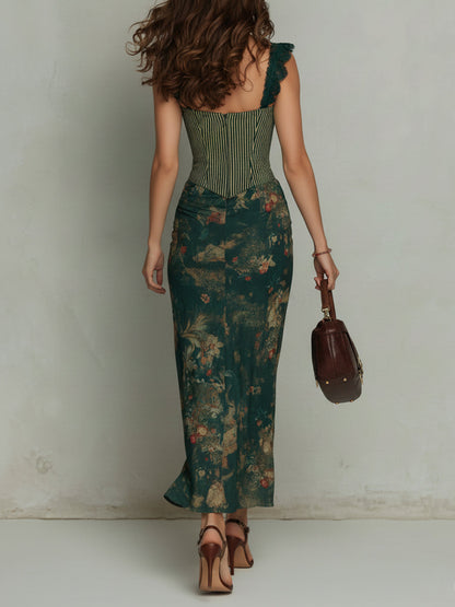 Retro Lace-trimmed Striped Floral Print Maxi Dress