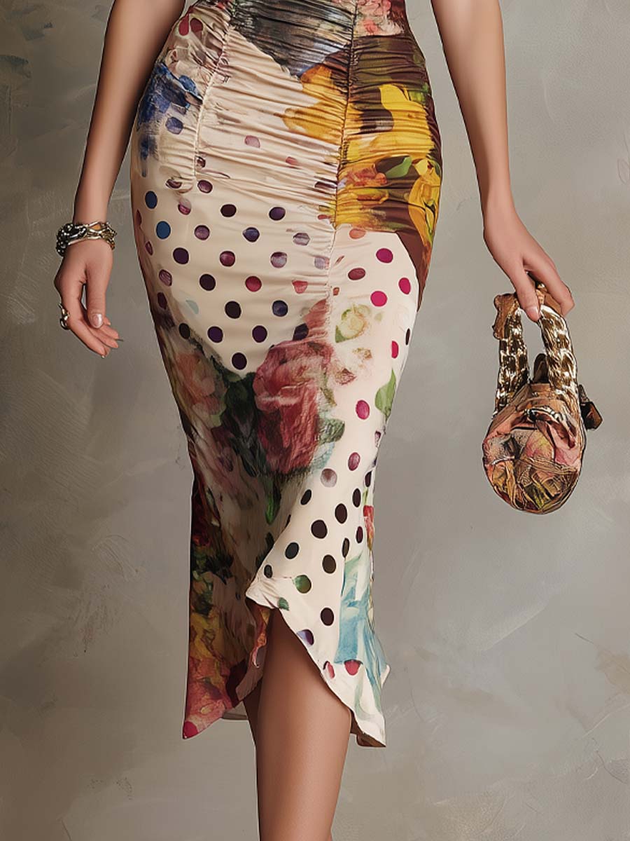 Polka Dot And Watercolor Floral Pattern Lace-trimmed Satin Midi Dress