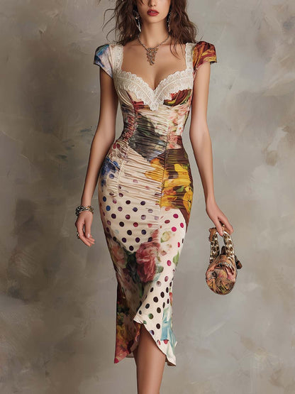 Polka Dot And Watercolor Floral Pattern Lace-trimmed Satin Midi Dress