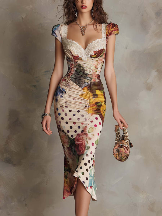 Polka Dot And Watercolor Floral Pattern Lace-trimmed Satin Midi Dress