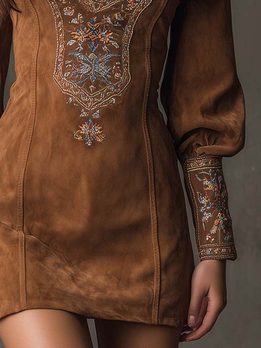 Vintage Brown V-Neck Suede Embroidered Mini Dress