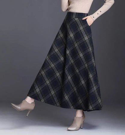 Women's Winter Elegant Warm Long Skirt Wool Maxi Skirts Elastic Waist A-Line High Waist Plaid Pleated Skirt S-3XL