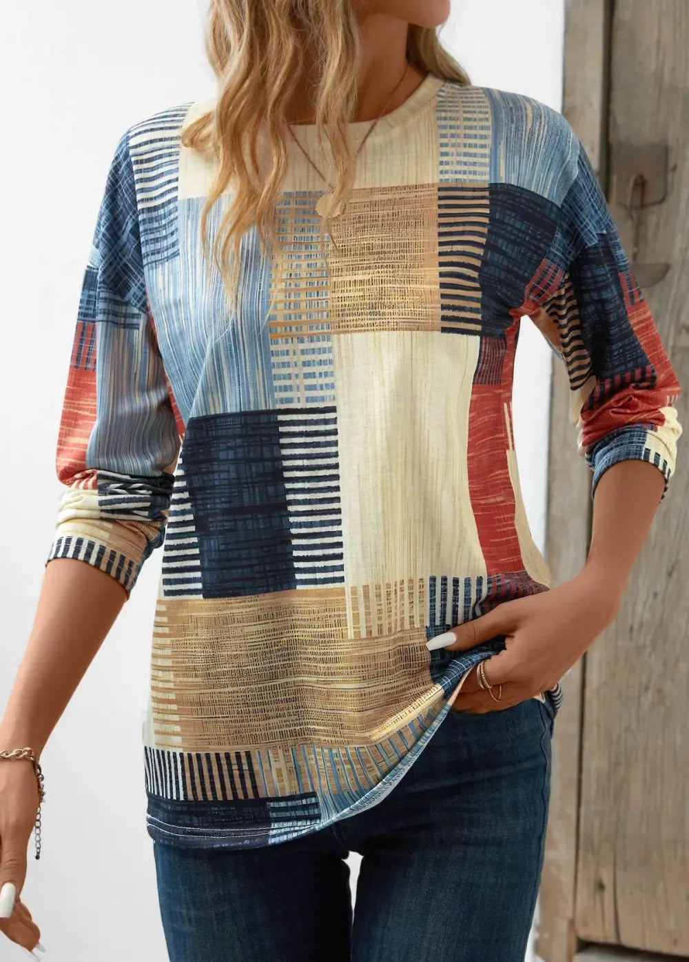 Multi Color Patchwork Geometric Print Long Sleeve T Shirt