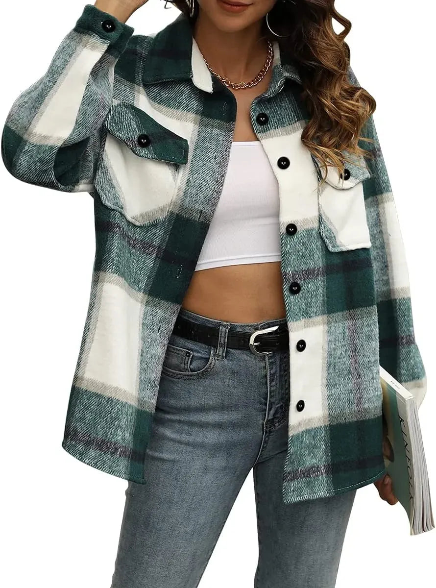 Womens Casual Plaid Shacket Button Down Long Sleeve Shirt