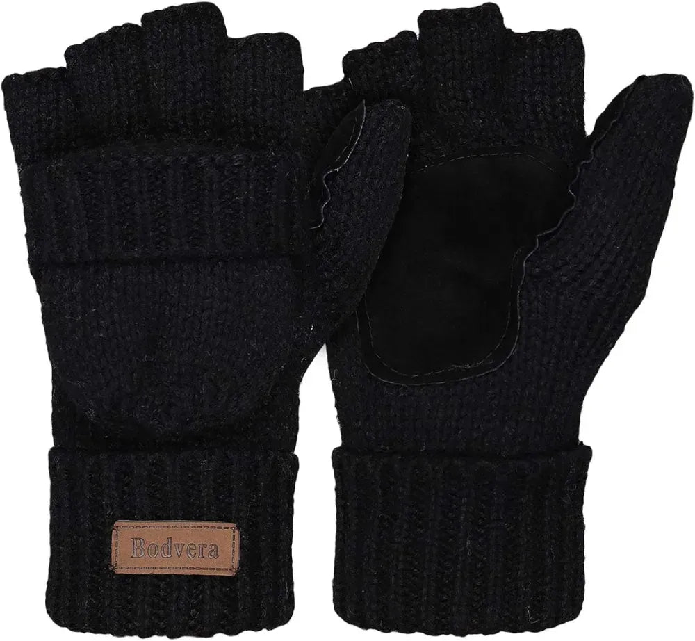Bodvera Thermal Insulation Fingerless Texting Wool Gloves for Women and Men Winter Warm Knitted Convertible Mittens Flap