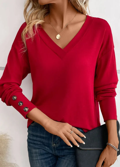 Wine Red Button Long Sleeve V Neck T Shirt