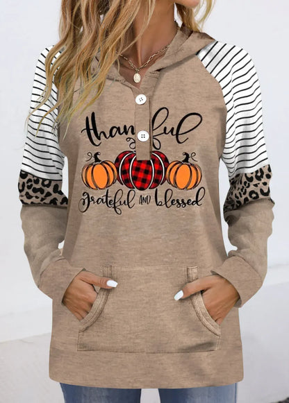 Light Coffee Patchwork Halloween Print Long Sleeve Hoodie