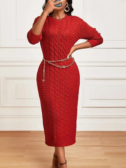 Women's Sweater Dress Crew Neck Ribbed Knit Polyester Knitted Fall Winter Long Outdoor Daily Going out Stylish Casual Soft Long Sleeve Pure Color Black Yellow Wine S M L