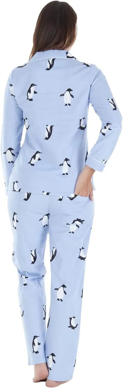Women's Cotton Flannel Long Sleeve Button-Down Pajamas PJ Set