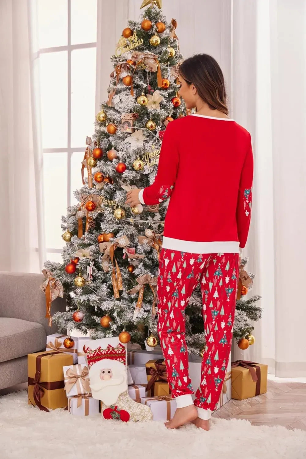 Women's Pajamas Sets Long Sleeve with Plaid Pants Soft Sleepwear O Neck 2 Piece Pjs Joggers Loung Set with Pockets