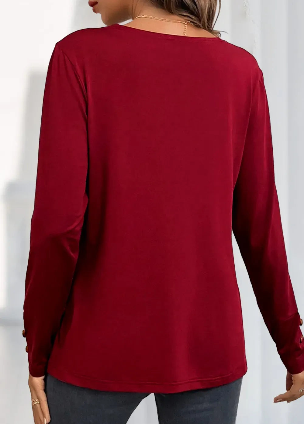 Wine Red Button Long Sleeve V Neck Blouse
