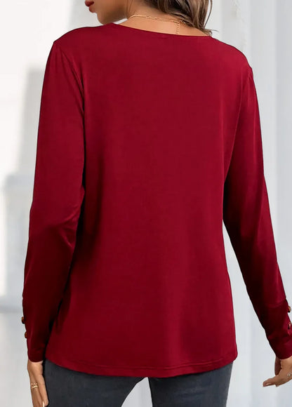 Wine Red Button Long Sleeve V Neck Blouse