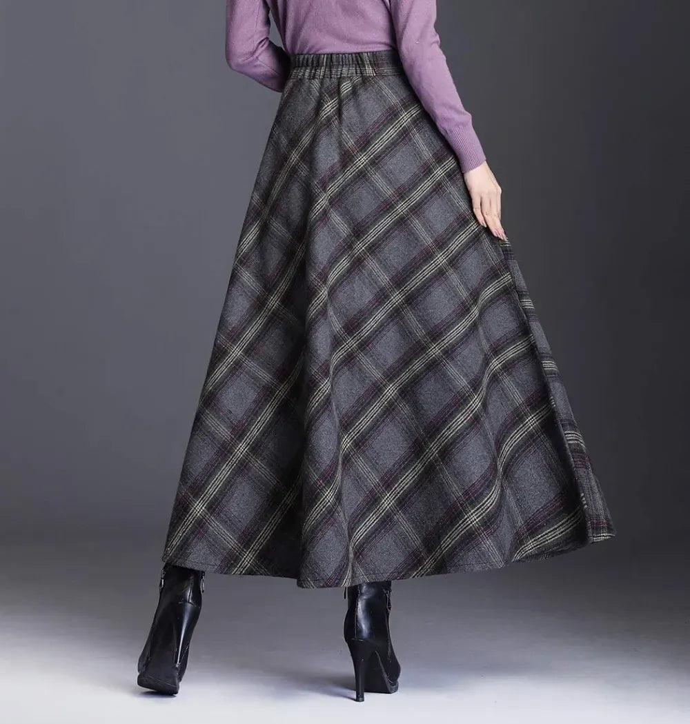 Women's Winter Elegant Warm Long Skirt Wool Maxi Skirts Elastic Waist A-Line High Waist Plaid Pleated Skirt S-3XL