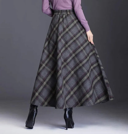 Women's Winter Elegant Warm Long Skirt Wool Maxi Skirts Elastic Waist A-Line High Waist Plaid Pleated Skirt S-3XL