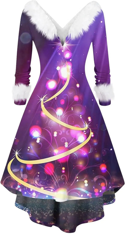 Womens Christmas Dress Fuzzy Mrs Claus Christmas Holiday Xmas Cocktail Holiday Party Flare Dress
