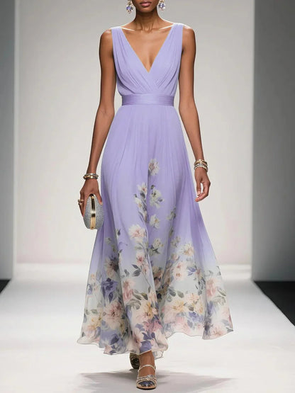 Light Blue Floral Chiffon V Neck Sleeveless A-Line Maxi Dress