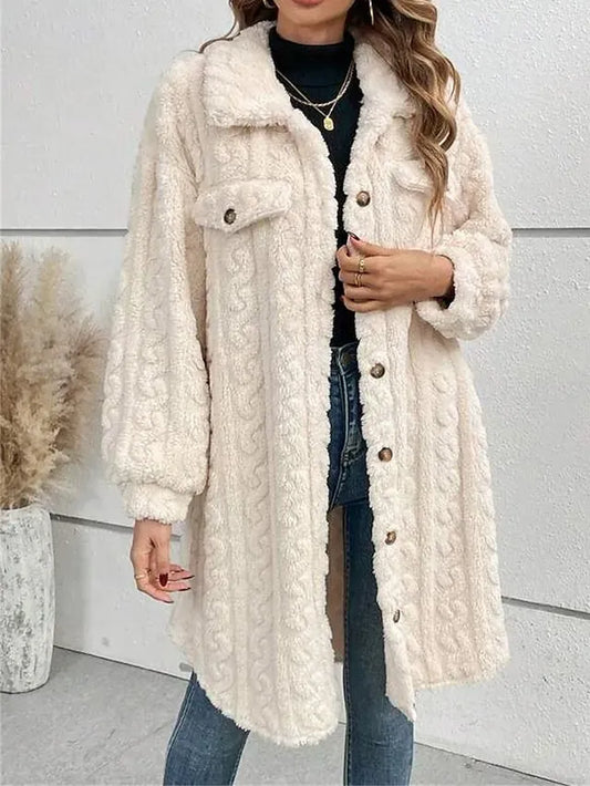 Women's Winter Coat Teddy Coat Coat Windproof Warm Outdoor Street Daily Going out Button Pocket Fleece Lined Single Breasted Lapel Fashion Plush Casual Minimalism Solid Color Regular Fit Outerwear