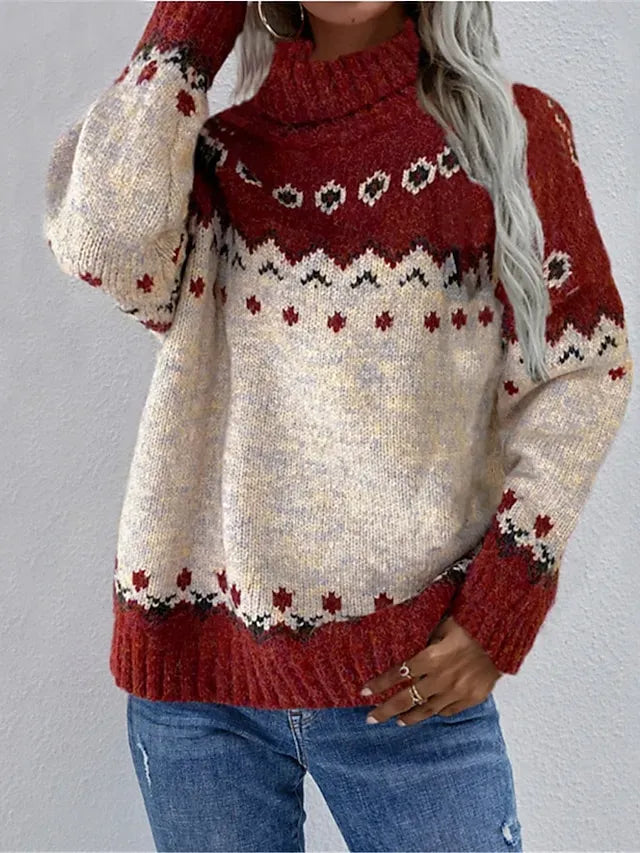 Women's Ugly Christmas Sweater Pullover Sweater Jumper Turtleneck Ribbed Knit Acrylic Patchwork Fall Winter Regular Xmas Daily Going out Stylish Casual Soft Long Sleeve Geometric Red S M L