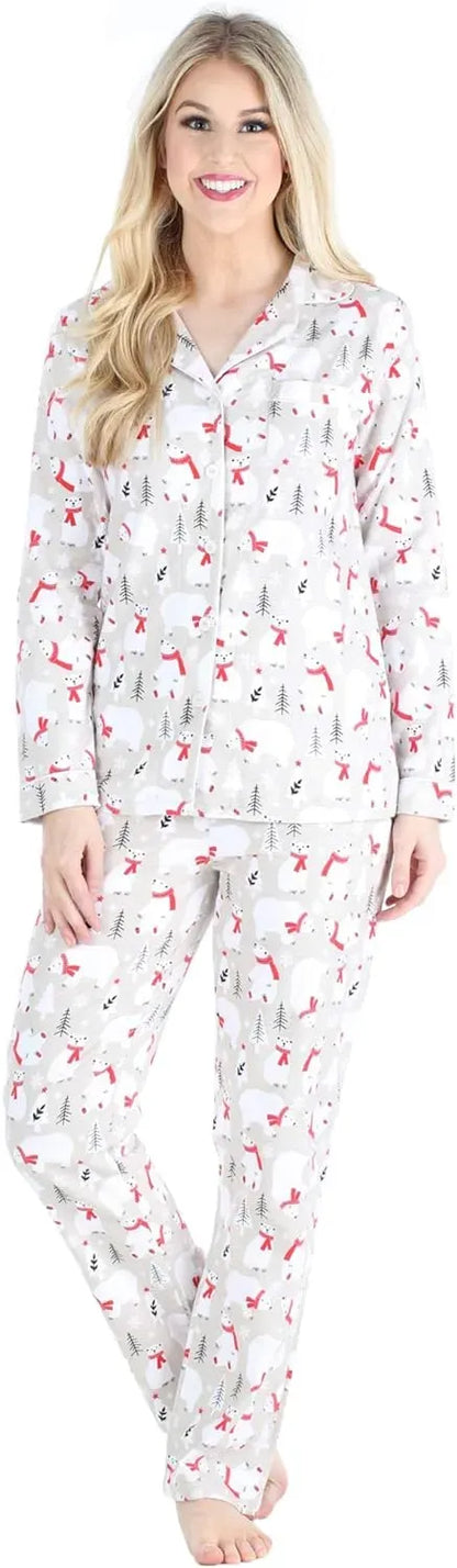 Women's Cotton Flannel Long Sleeve Button-Down Pajamas PJ Set