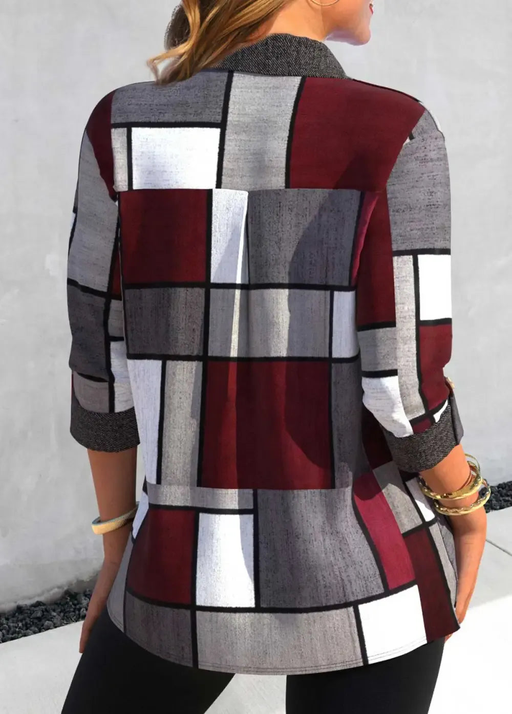 Dark Grey Button Geometric Print Shirt Collar Blouse