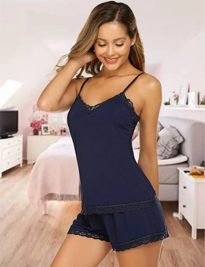 Women Cami Pajama Set Modal Sleepwear Lace Trim Short PJ Set with Shorts