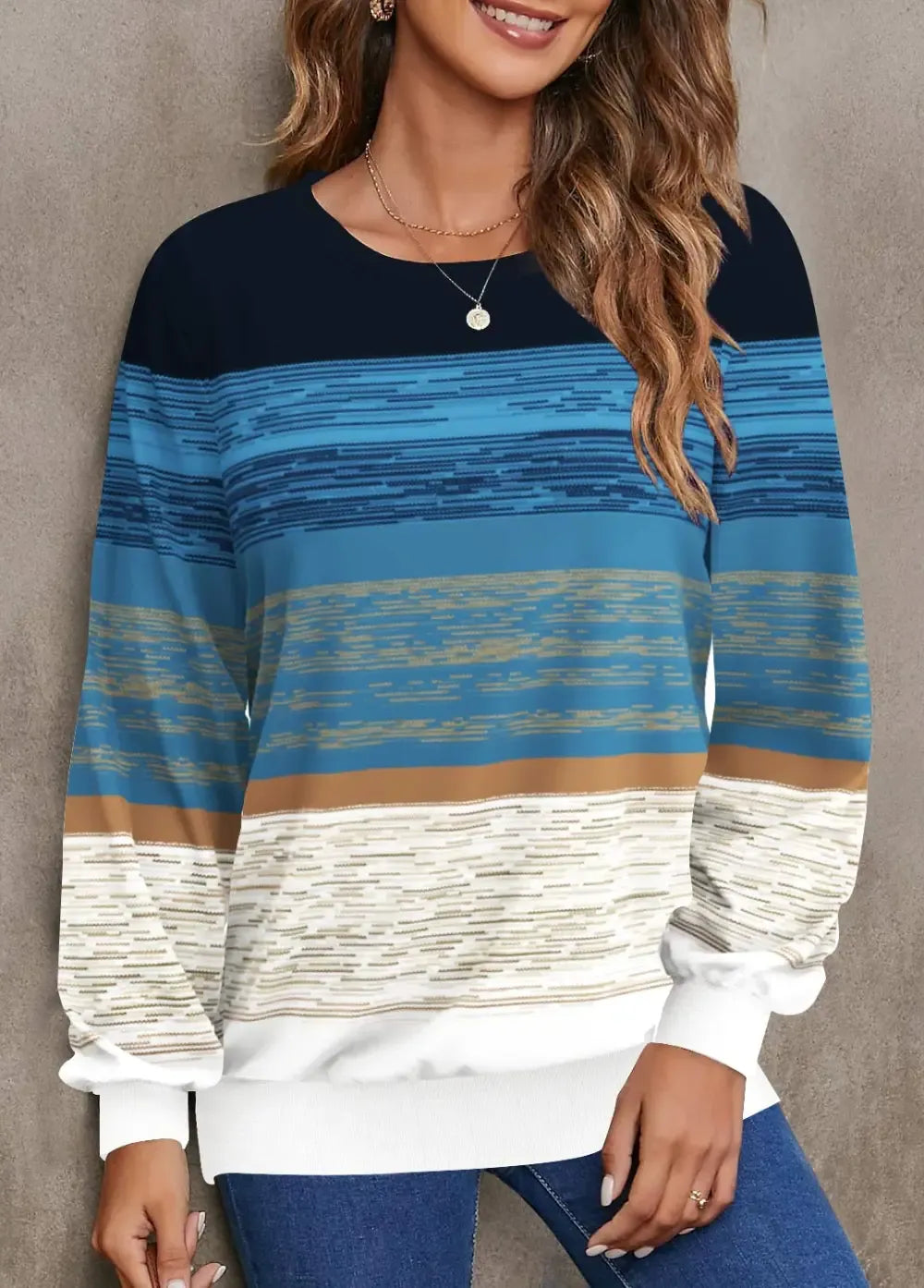 Multi Color Striped Long Sleeve Round Neck Sweatshirt