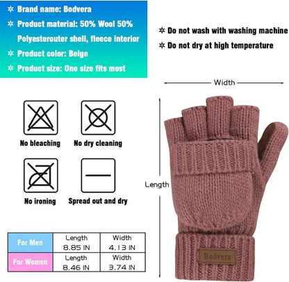 Bodvera Thermal Insulation Fingerless Texting Wool Gloves for Women and Men Winter Warm Knitted Convertible Mittens Flap