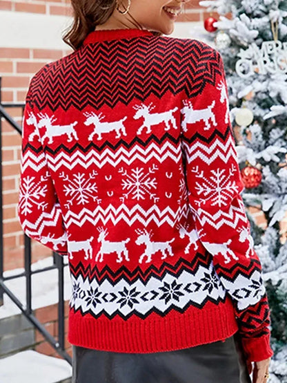 Women's Ugly Christmas Sweater Pullover Sweater Jumper Crew Neck Ribbed Knit Acrylic Tassel Fall Winter Regular Daily Going out Xmas Stylish Casual Soft Long Sleeve Elk Snowflake White Red S M L