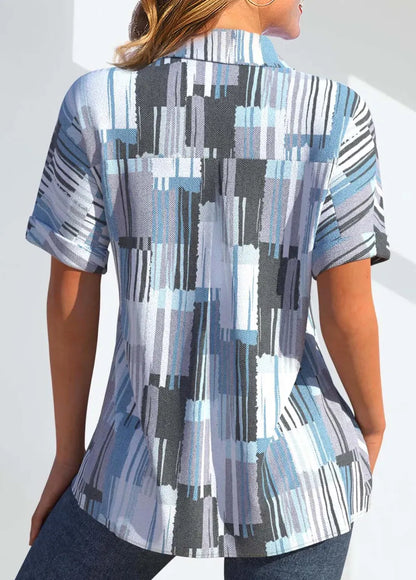 Light Blue Pocket Geometric Print Short Sleeve Blouse