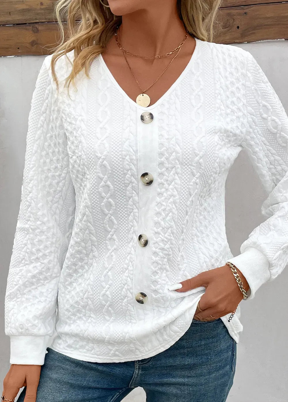 White Button Long Sleeve V Neck Sweatshirt