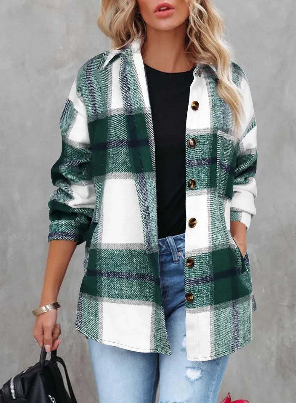 Womens Casual Plaid Shackets Brushed Flannel Button Down Shirt Jacket Coats with Side Pockets