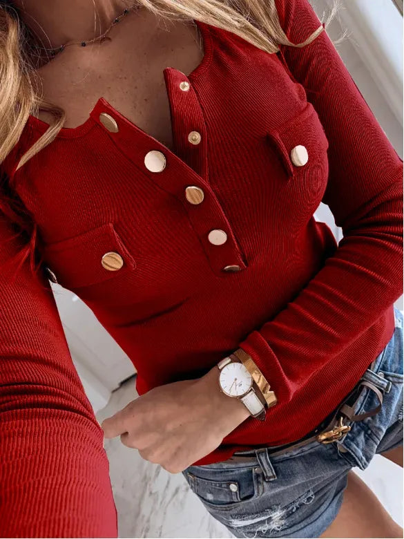 Daily Pocket Button Pure Color Long Sleeve T-shirt