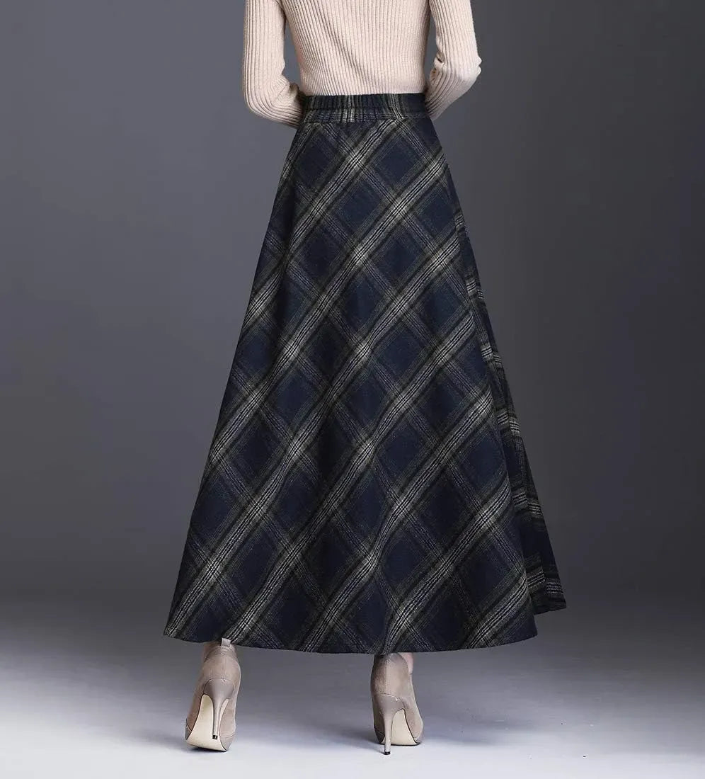 Women's Winter Elegant Warm Long Skirt Wool Maxi Skirts Elastic Waist A-Line High Waist Plaid Pleated Skirt S-3XL