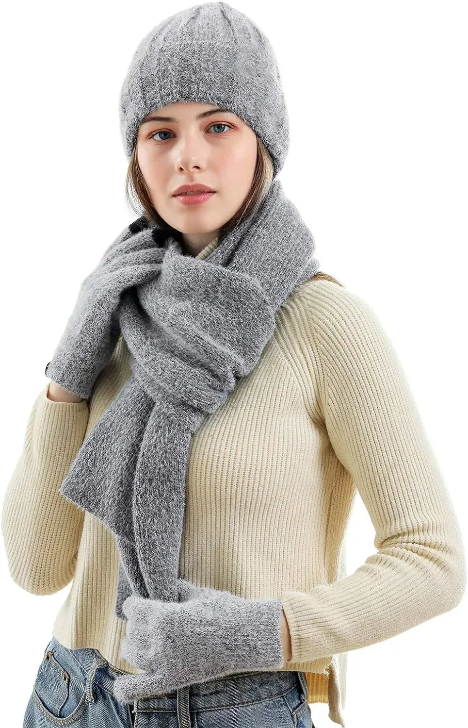 Womens Winter Warm Knit Beanie Hat Touchscreen Gloves Long Scarf Set with Fleece Lined Skull Caps Neck Scarves for Women Men