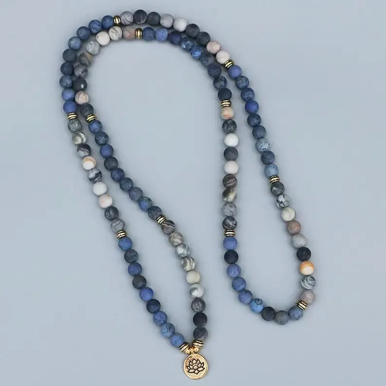 108 Beads Mala Lotus Bracelet-Mala Prayer Bead Necklace-8MM Matte Blue Stone Bracelet-Meditation Yoga Bracelet-Spiritual Chakra Bracelet