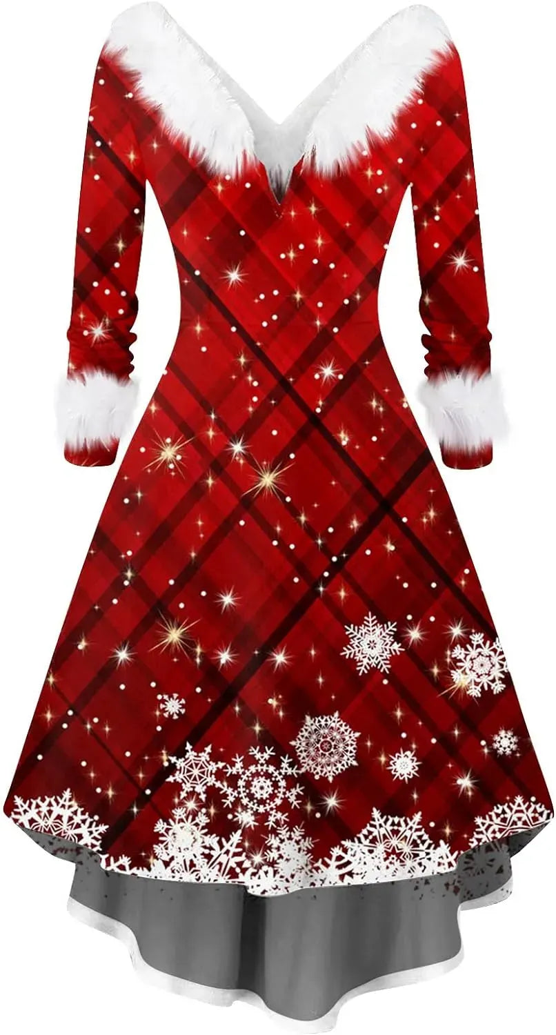 Womens Christmas Dress Fuzzy Mrs Claus Christmas Holiday Xmas Cocktail Holiday Party Flare Dress