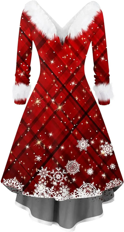 Womens Christmas Dress Fuzzy Mrs Claus Christmas Holiday Xmas Cocktail Holiday Party Flare Dress