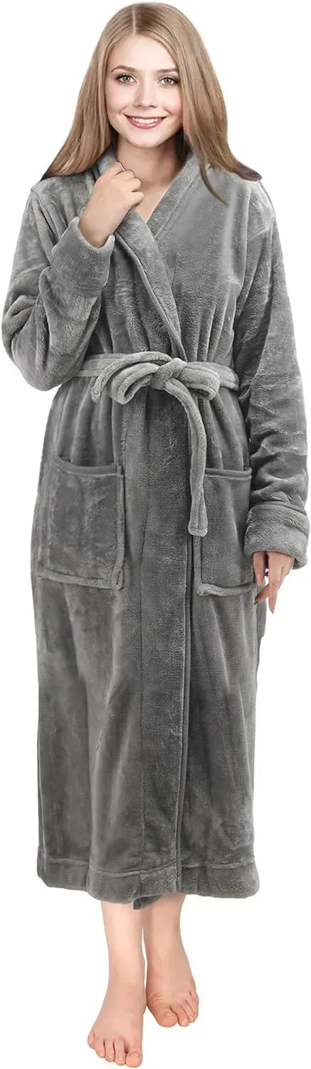Women Fleece Shawl Collar Bathrobe - Plush Long Robe