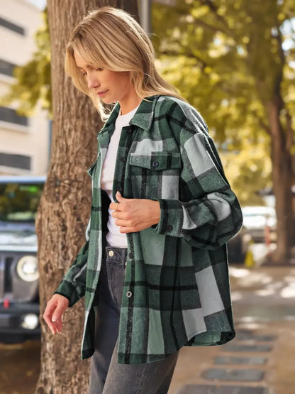 Womens Casual Plaid Shacket Button Down Long Sleeve Shirt