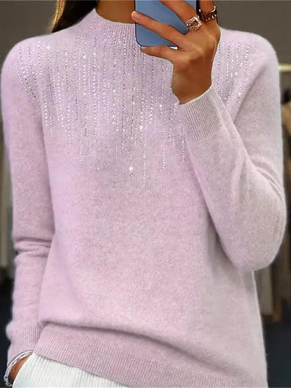 Women‘s Christmas Pullover Sweater Jumper Crew Neck Ribbed Knit Acrylic Sequins Fall Winter Regular Outdoor Daily Going out Xmas Stylish Casual Long Sleeve Solid Color Black White Light Green S M L