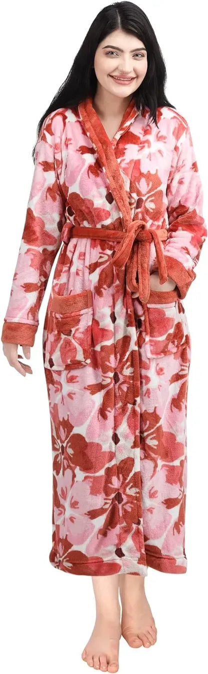 Women Fleece Shawl Collar Bathrobe - Plush Long Robe