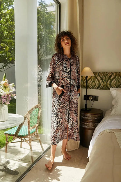 Women Zipper Robe 3/4 Sleeves Loungewear Dress Full Length Sleepwear Pockets Housecoat Nightgown Long Bathrobe