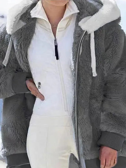 Women's Zip Hoodie Sweatshirt Fleece Jacket Pullover Sherpa Fleece Teddy Zipper Green Blue Purple Plain Round Neck Long Sleeve S M L XL 2XL 3XL / Winter / Fleece lined