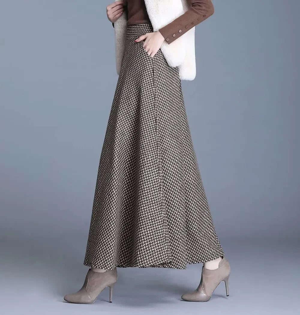 Women's Winter Elegant Warm Long Skirt Wool Maxi Skirts Elastic Waist A-Line High Waist Plaid Pleated Skirt S-3XL