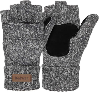 Bodvera Thermal Insulation Fingerless Texting Wool Gloves for Women and Men Winter Warm Knitted Convertible Mittens Flap