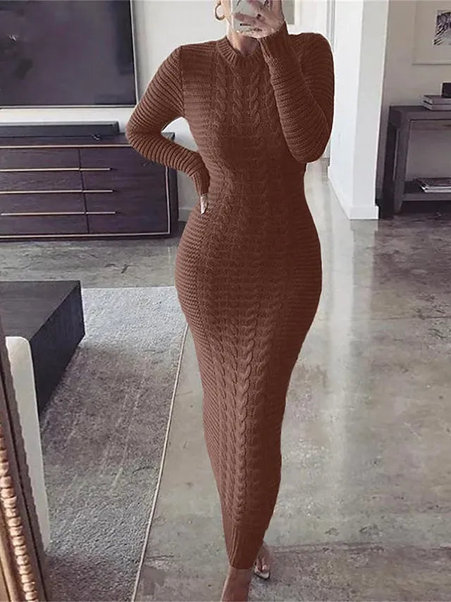 Women's Sweater Dress Crew Neck Ribbed Knit Polyester Knitted Fall Winter Long Outdoor Daily Going out Stylish Casual Soft Long Sleeve Pure Color Black Yellow Wine S M L