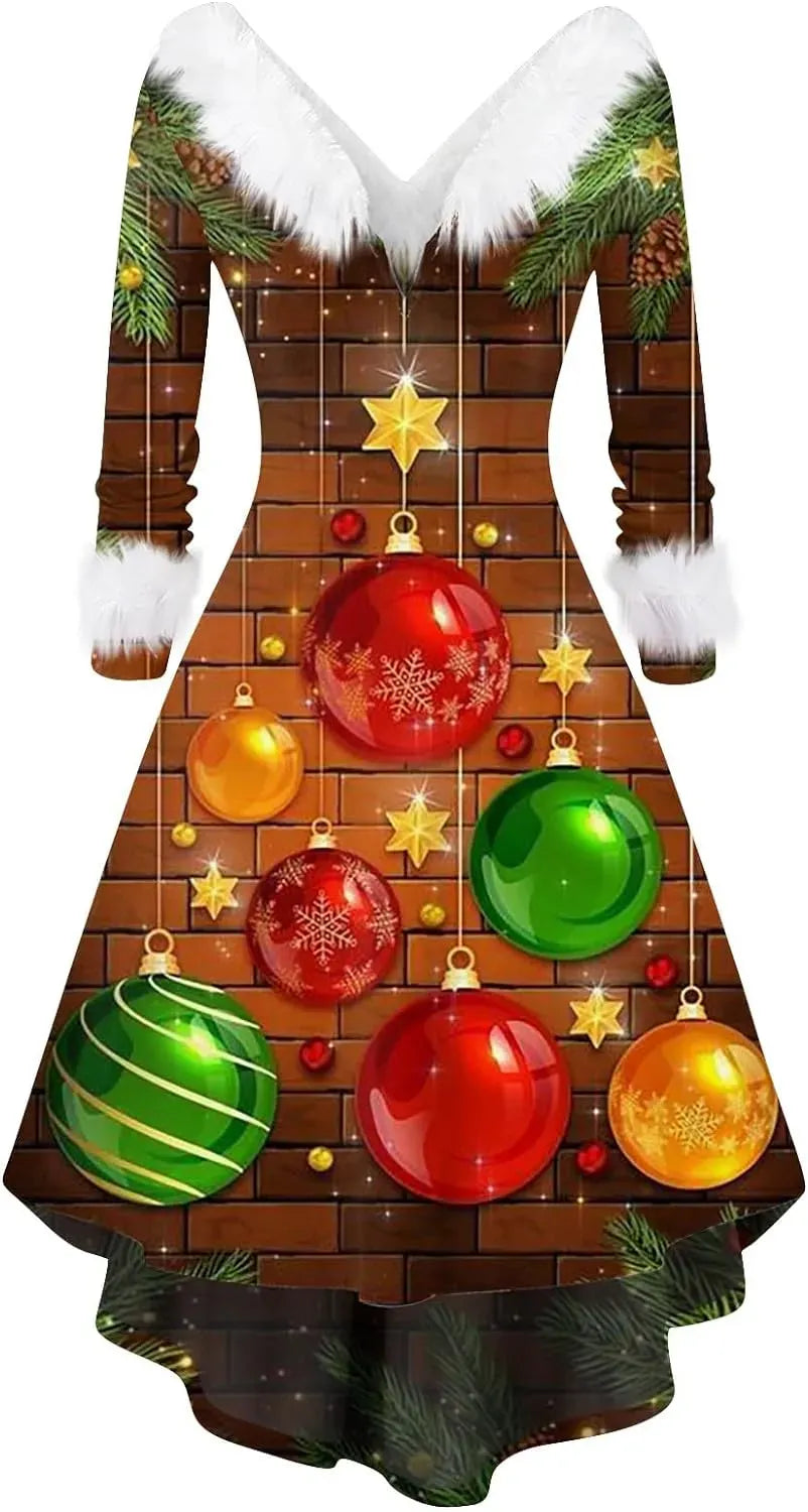 Womens Christmas Dress Fuzzy Mrs Claus Christmas Holiday Xmas Cocktail Holiday Party Flare Dress