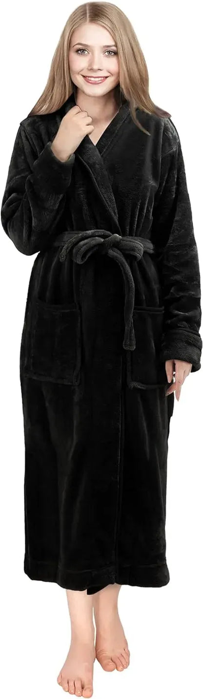 Women Fleece Shawl Collar Bathrobe - Plush Long Robe