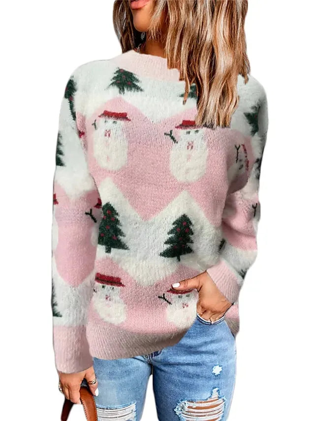 Women's Ugly Christmas Sweater Pullover Sweater Jumper Crew Neck Ribbed Knit Polyester Knitted Fall Winter Tunic Outdoor Christmas New Year Stylish Casual Soft Long Sleeve Snowman Xmas Tree Pink