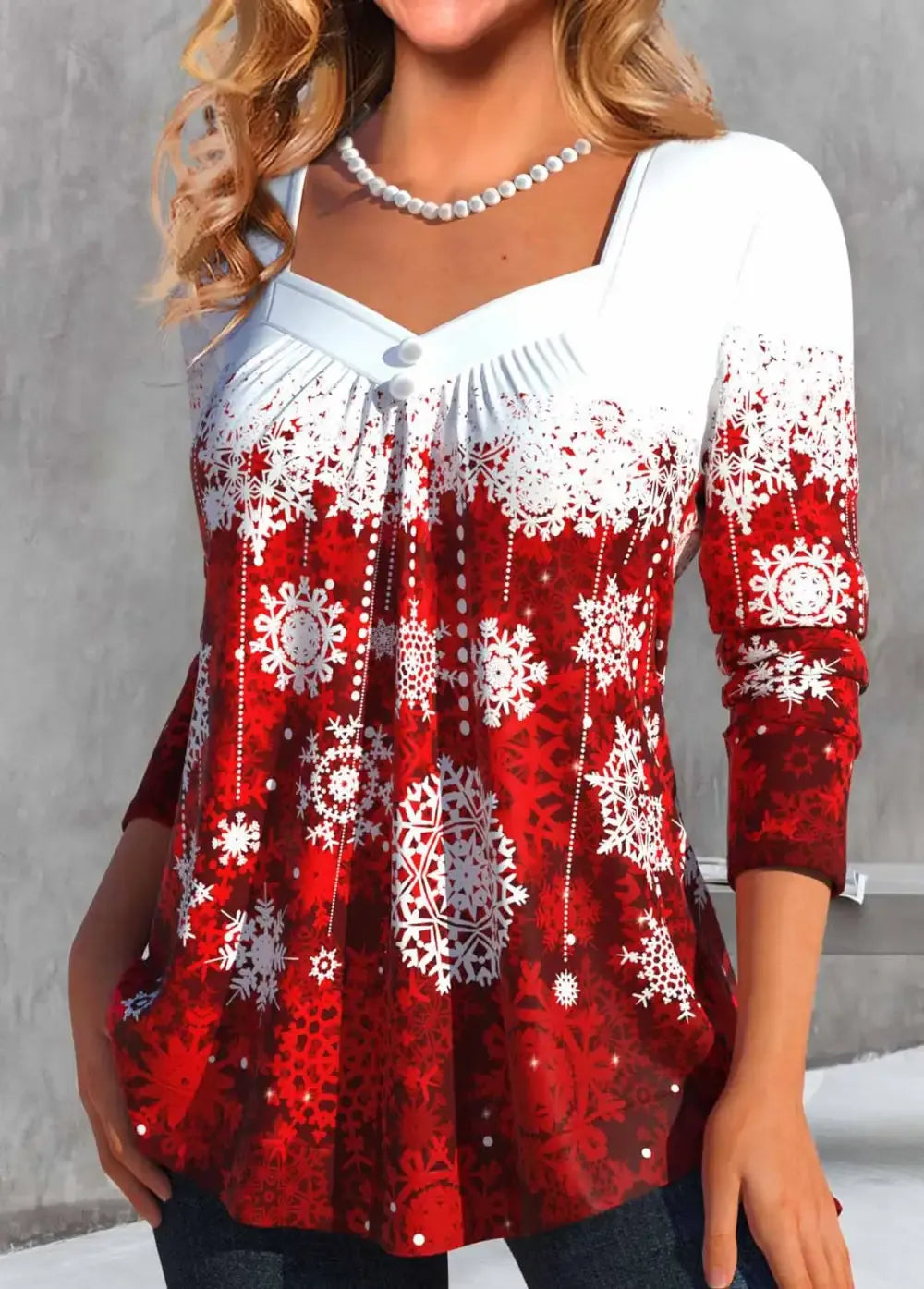 Wine Red Button Snowflake Print Long Sleeve T Shirt